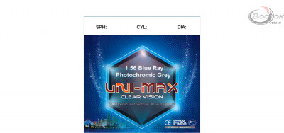 Лiнза полiмерна UNI-MAX фотохромна з покриттям Blue Ray (сiра). Iндекс 1,56 (шт.)