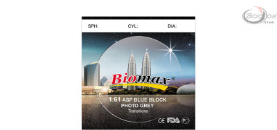 Лiнза полiмерна Biomax асферична фотохромна з покриттям Blue Block (сiра). Iндекс 1,61 (шт.)