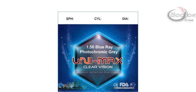 Лiнза полiмерна UNI-MAX фотохромна з покриттям Blue Ray (сiра). Iндекс 1,56 (шт.)
