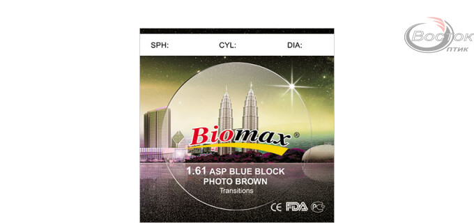 Лiнза полiмерна Biomax асферична фотохромна з покриттям Blue Block (коричнева). Iндекс 1,61 (шт.)