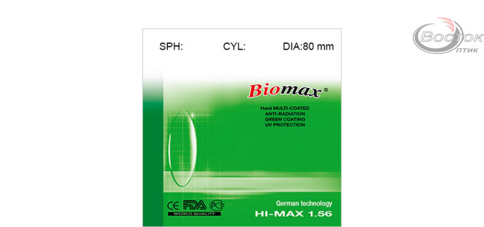 Линза полимерная Biomax c покрытием EMI SUPER (зеленый блик). Индекс 1,56 (шт.)
