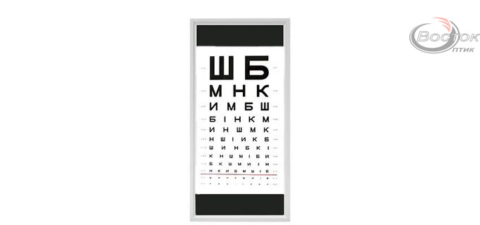 Таблиця для перевiрки зору з диодной підсвічуванням, 5 метрiв (укр.букви, 297х596х15мм)